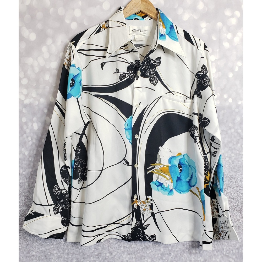 Vintage TORI RICHARD Hawaiian Shirt Black White Blue Floral Long Sleeve Sz Large
